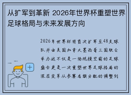 从扩军到革新 2026年世界杯重塑世界足球格局与未来发展方向